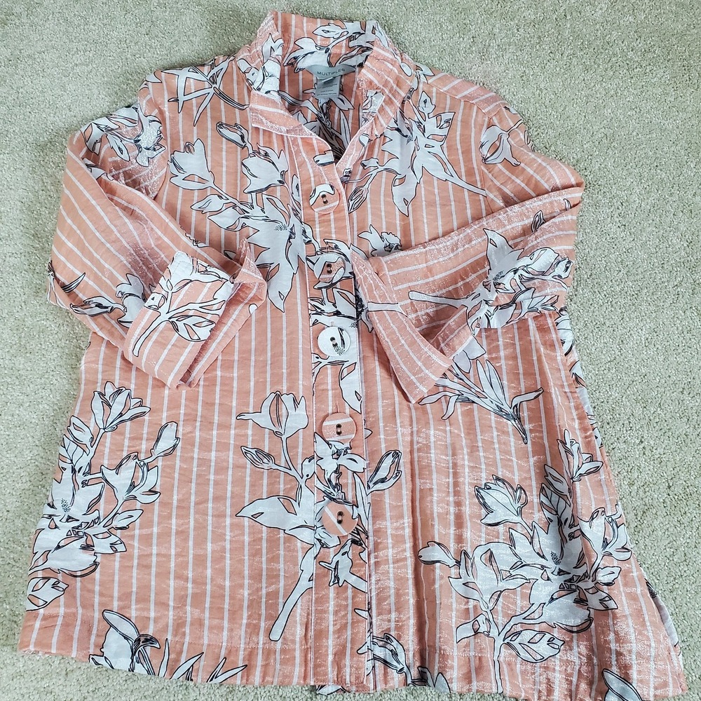 MULTIPLES Women's Blouse Peach Color 3/4 Sleeves  Turn-Up Cuff Button Front - Picture 15 of 16